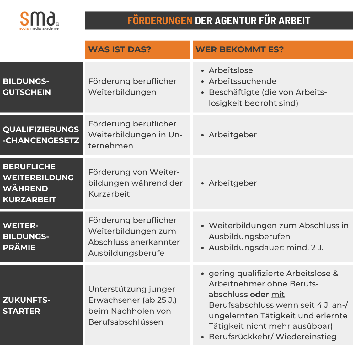 Weiterbildung vom Arbeitsamt bezahlt - In dieser Tabelle sind verschiedene Förderprogramme der Arbeitsagentur aufgelistet, die für eine berufliche Weiterbildung gelten. Dazu zählen Bildungsgutschein, Qualifizierungschancengesetz, Kurzarbeit, Weiterbildungsprämie, Zukunftsstarter.