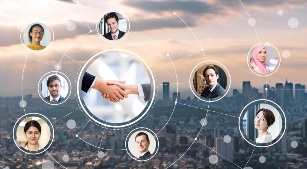 Die Vernetzung von Personen illustriert vor der Kulisse einer Großstadt