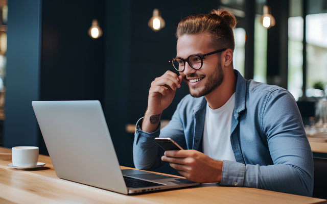 Mann mit Brille sitzt lächelnd und mit Smartphone in der Hand vor Laptop