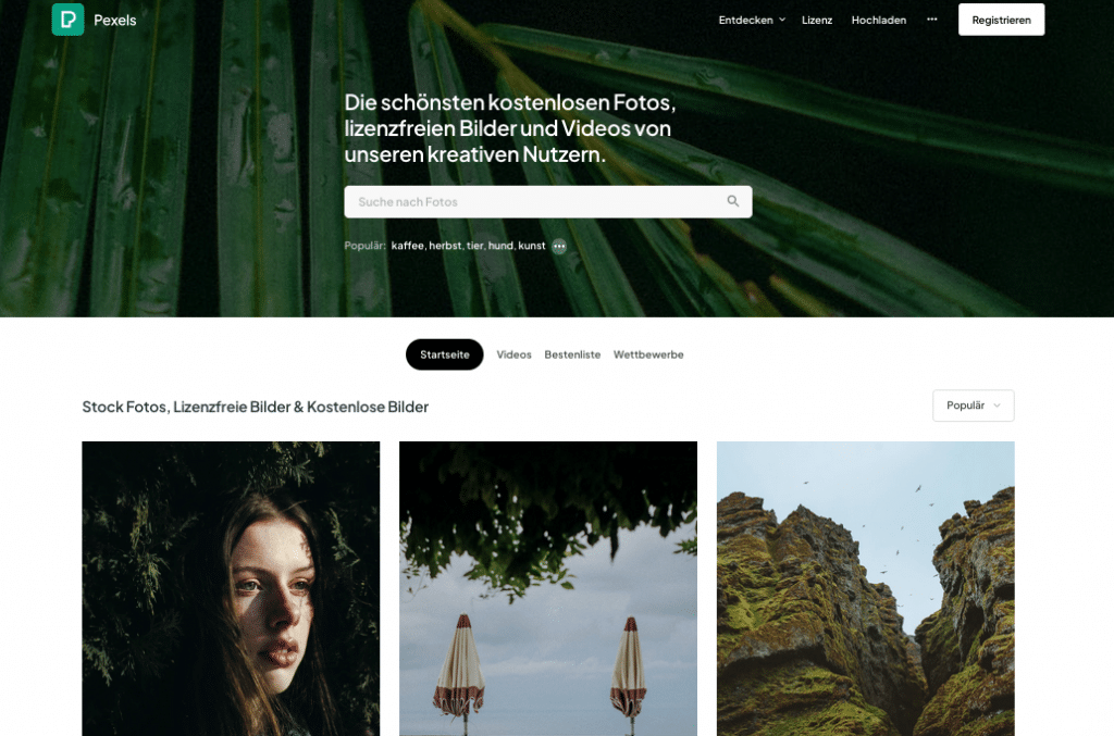 Stockfotos; Pexels Homepage