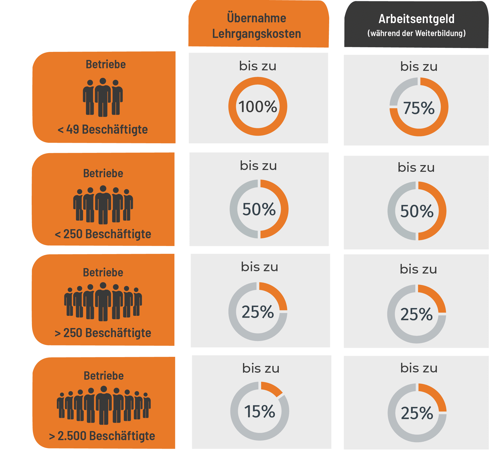 Qualifizierungschangesetz Grafik. Aufschlüsselung der Kostenerstattungen nach Unternehmensgrößen.