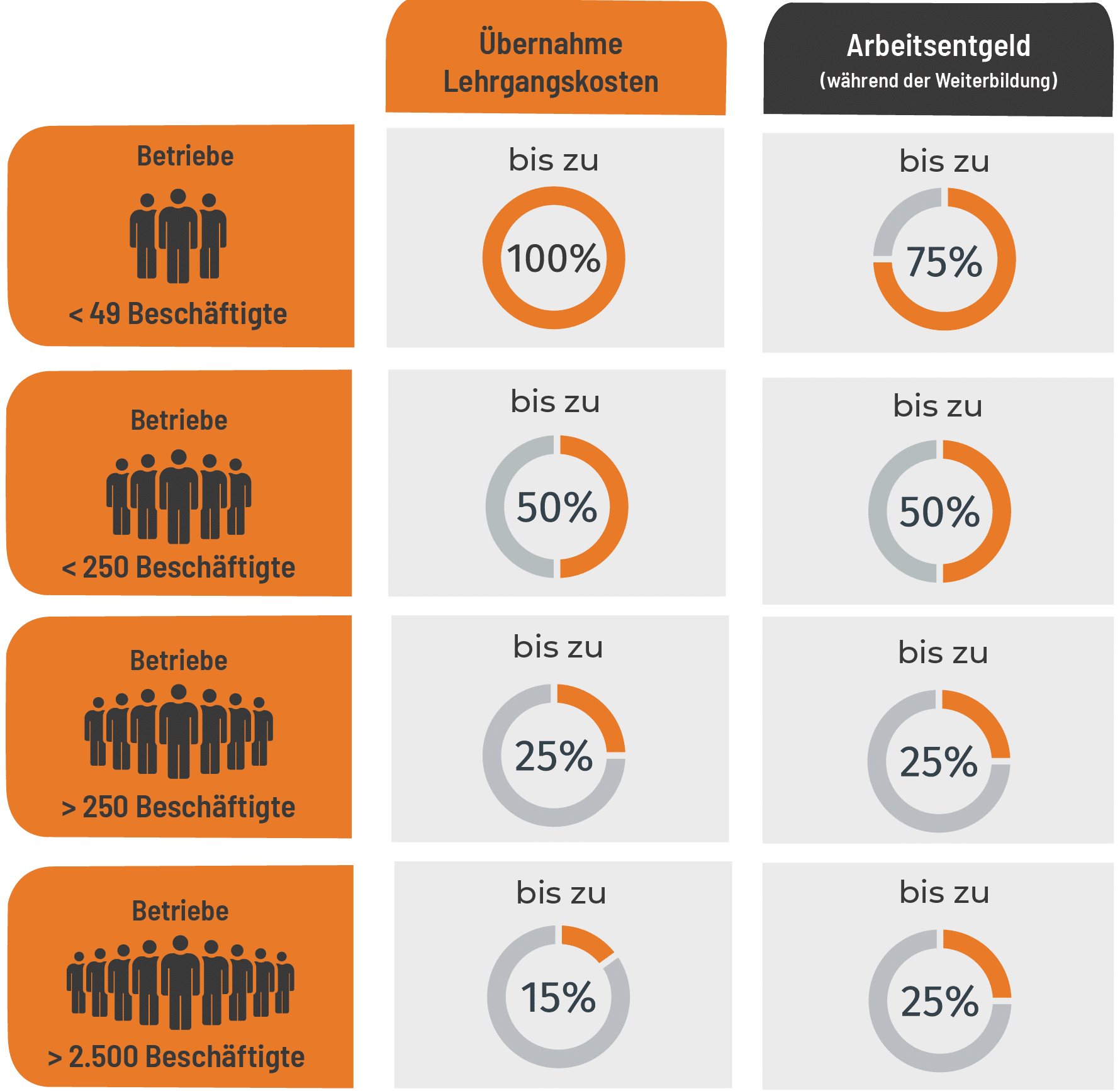 Qualifizierungschangesetz Grafik. Aufschlüsselung der Kostenerstattungen nach Unternehmensgrößen.