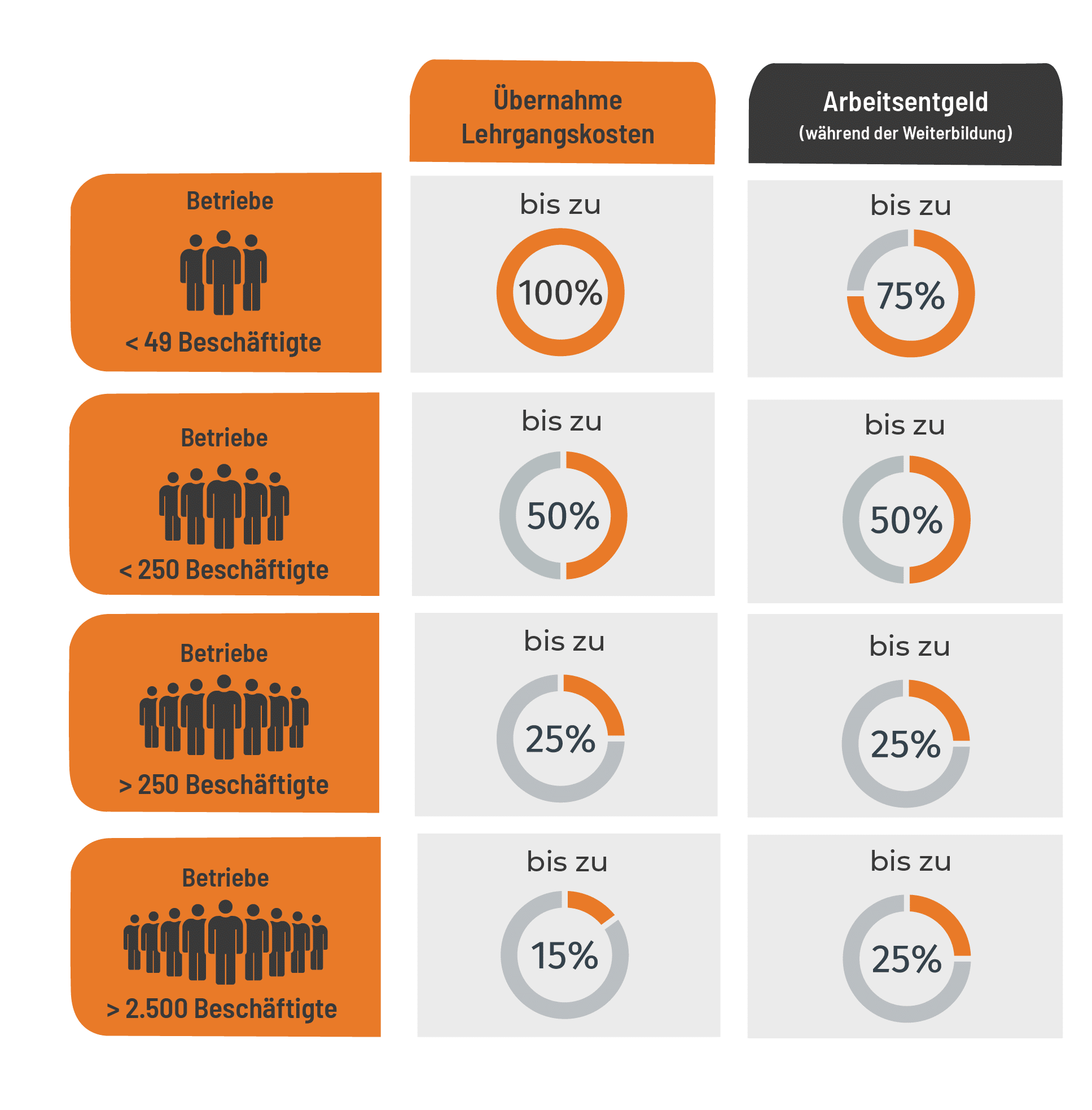 Diagramm mit Förderhöhen für Lehrgangskosten und Arbeitsentgelt nach Unternehmensgröße: unter 49, unter 250, über 250 und über 2.500 Mitarbeiter.