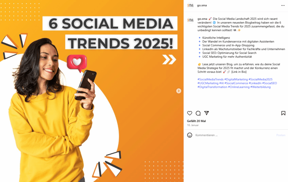 Beispielhafter Instagram Beitrag der Social Media Akademie über "Die Social Media Trends 2025"