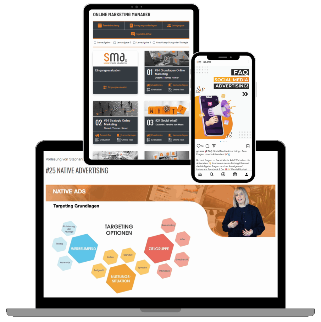 Laptop, Tablet und Smartphone mit Ausschnitten der Vorlesungen und Lernplattform