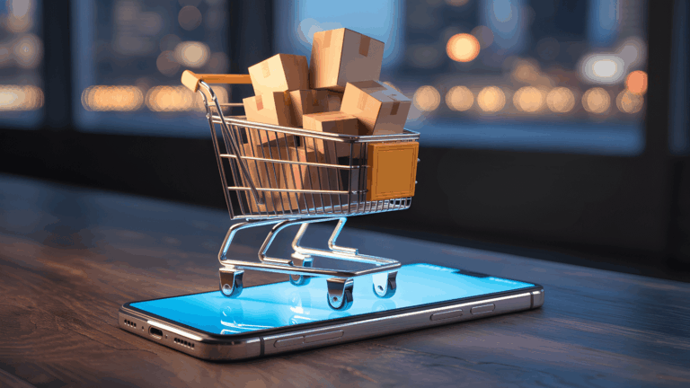 Ein Smartphone liegt auf einem Tisch. Auf dem Smartphone steht ein Miniatur-Einkaufswagen, randvoll mit Paketen.