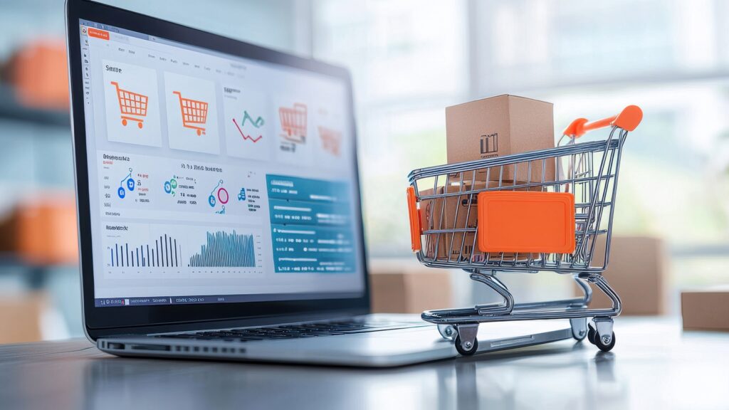 Miniatur-Einkaufswagen steht vor einem geöffneten Laptop.