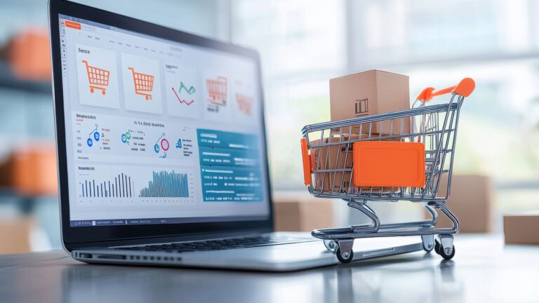 Miniatur-Einkaufswagen steht vor einem geöffneten Laptop.