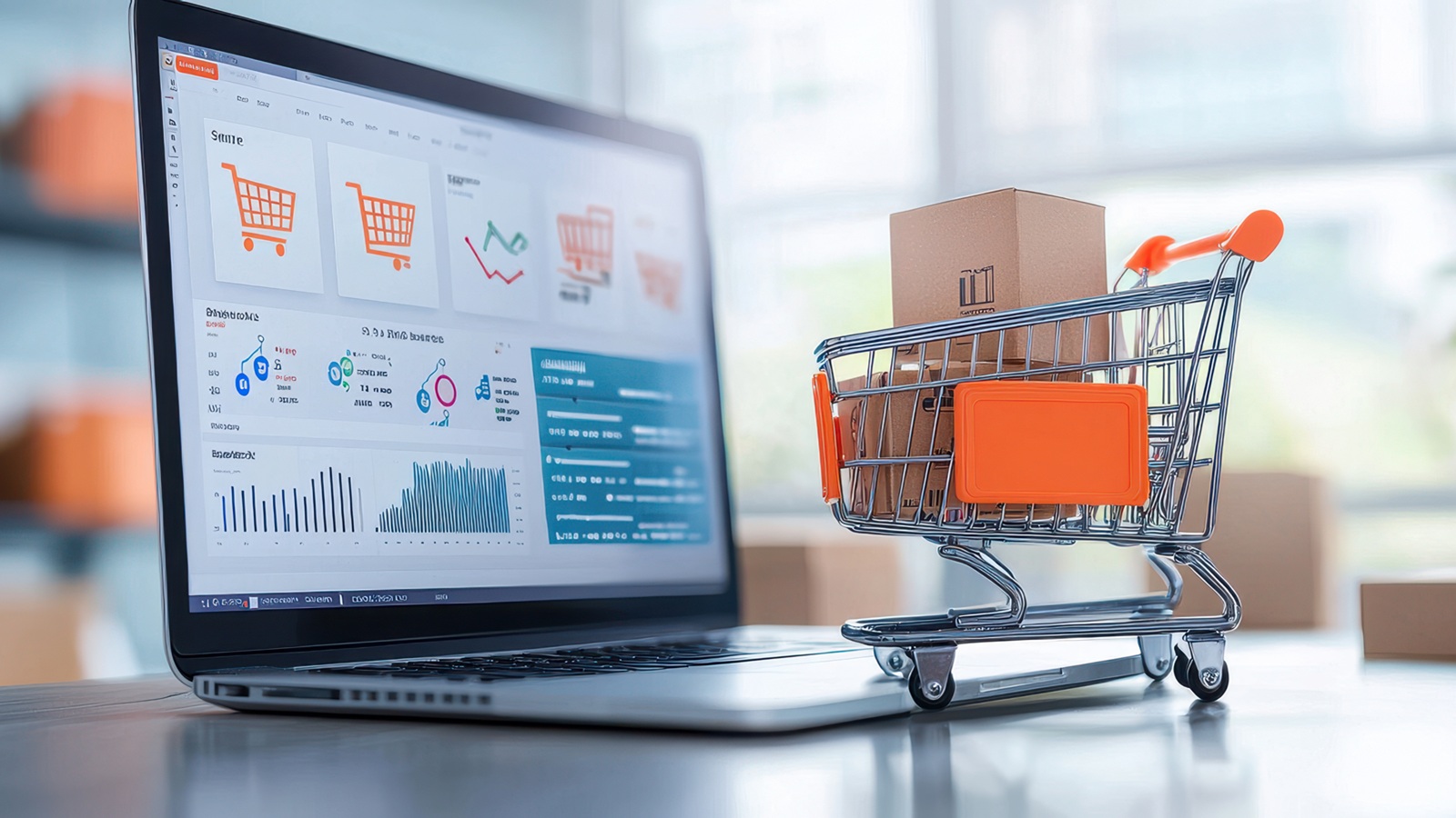 Miniatur-Einkaufswagen steht vor einem geöffneten Laptop.