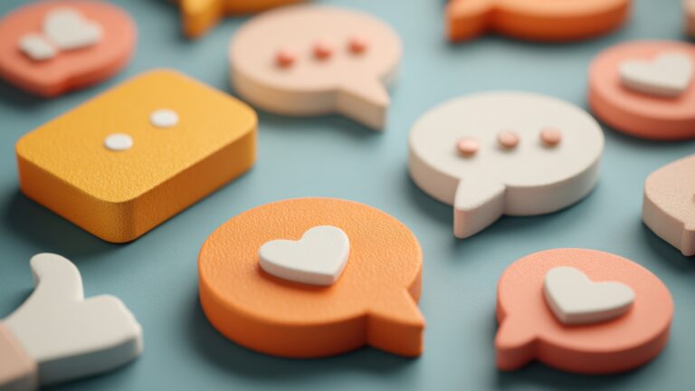 orangene und weiße Social Media Icons: Likes, Thumps up, Sprechblasen